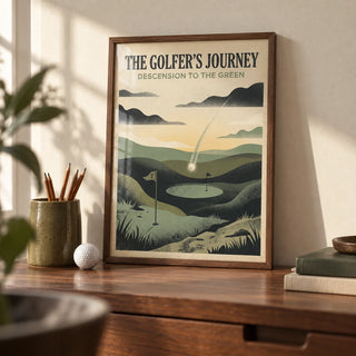 Golf Landscape Art Print, a small A4 framed print leaning on a walnut desk