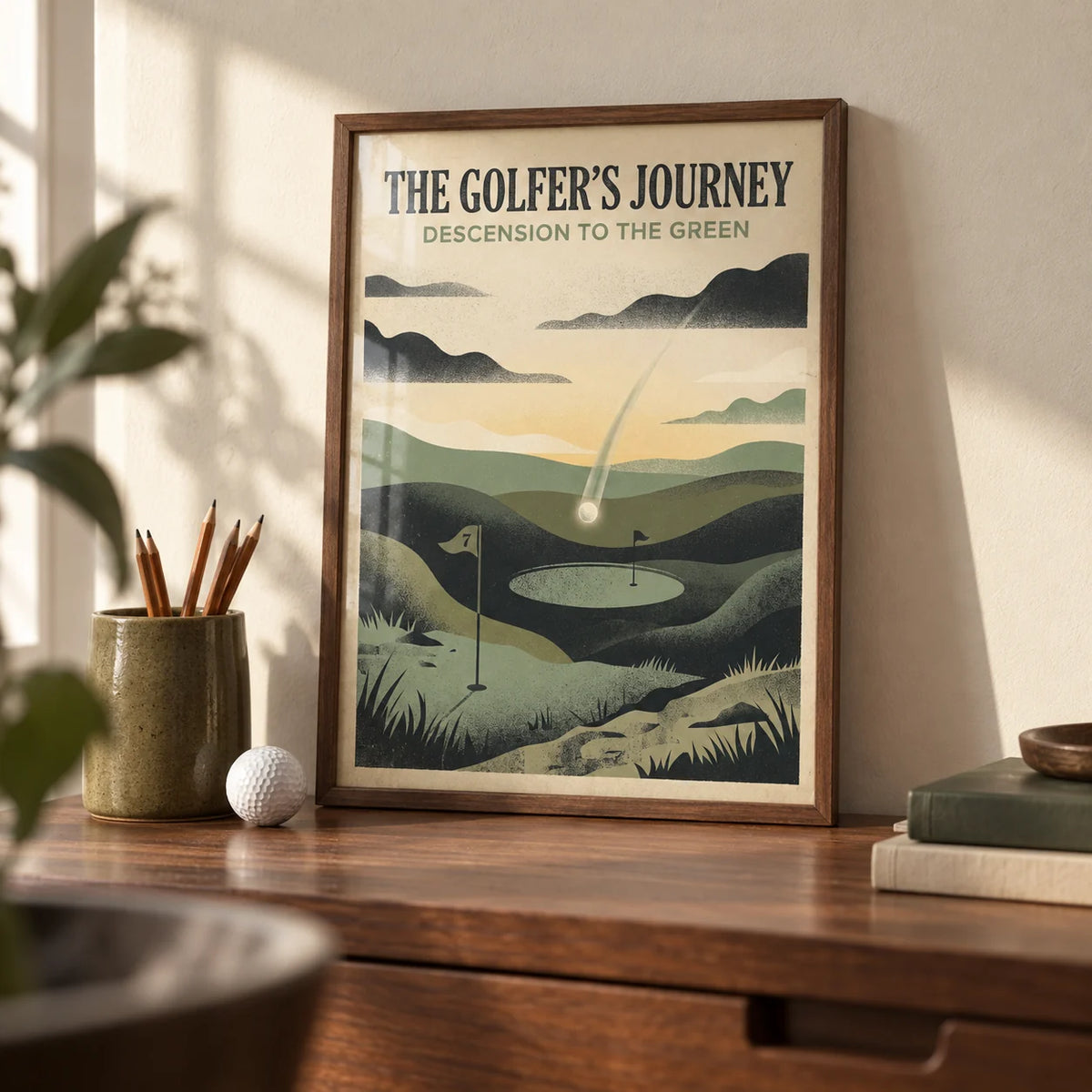 Golf Landscape Art Print, a small A4 framed print leaning on a walnut desk