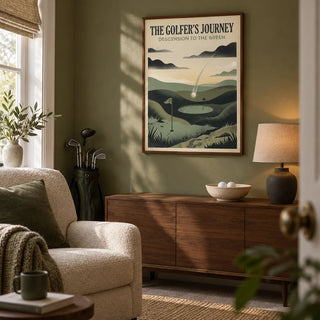 Golf Landscape Art Print, framed on the wall of a small converted-box-room golf snug in a UK semi-detached house with muted olive walls and a cream upholstered lounge chair