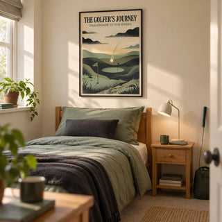 Golf Landscape Art Print, framed on the wall of a tidy single bedroom for a young adult golf enthusiast (18-25) in a UK family home with a warm cream wall and a simple pine bedside table