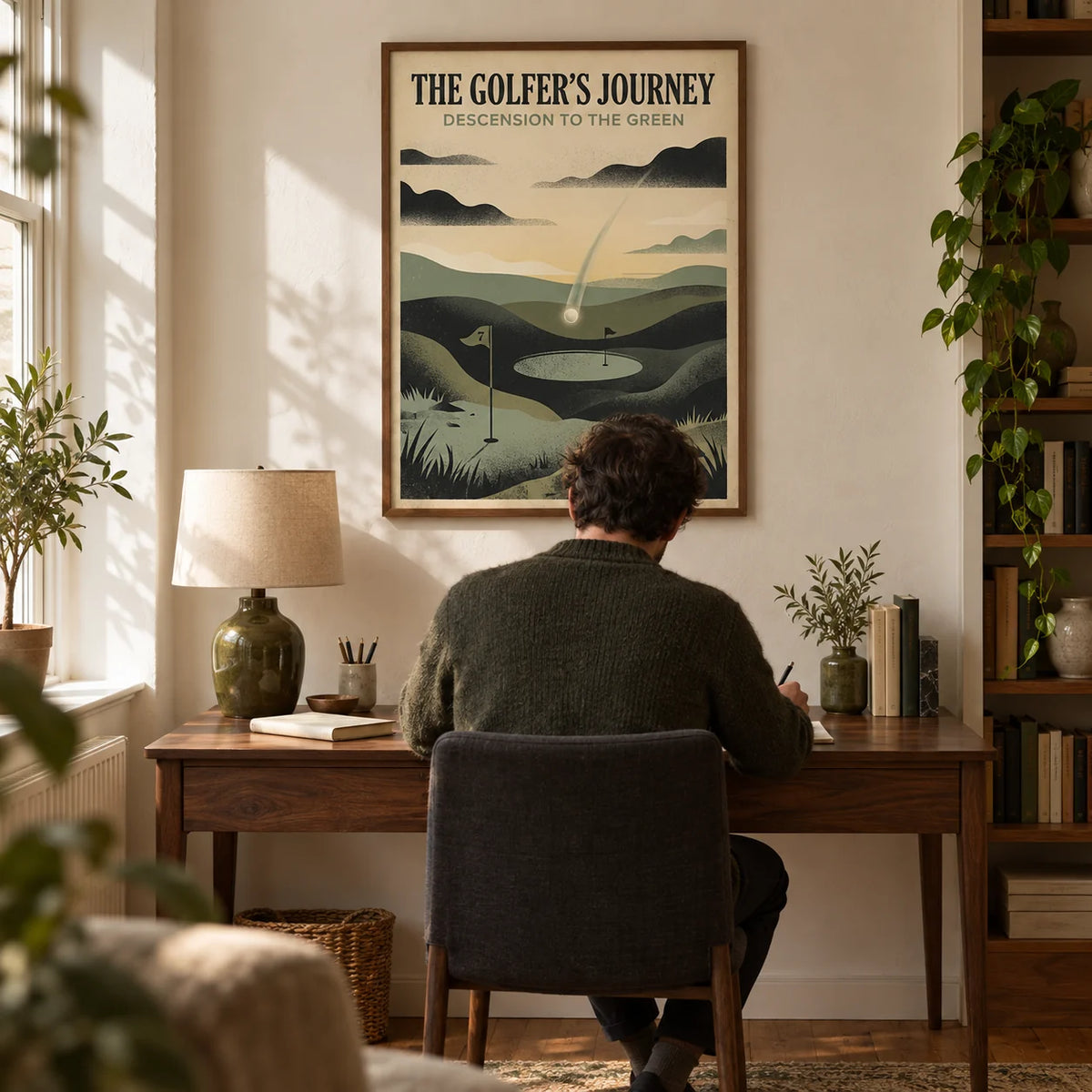 Golf Landscape Art Print, framed on the wall of a warm study in a UK terraced home with cream plaster walls and oak floorboards