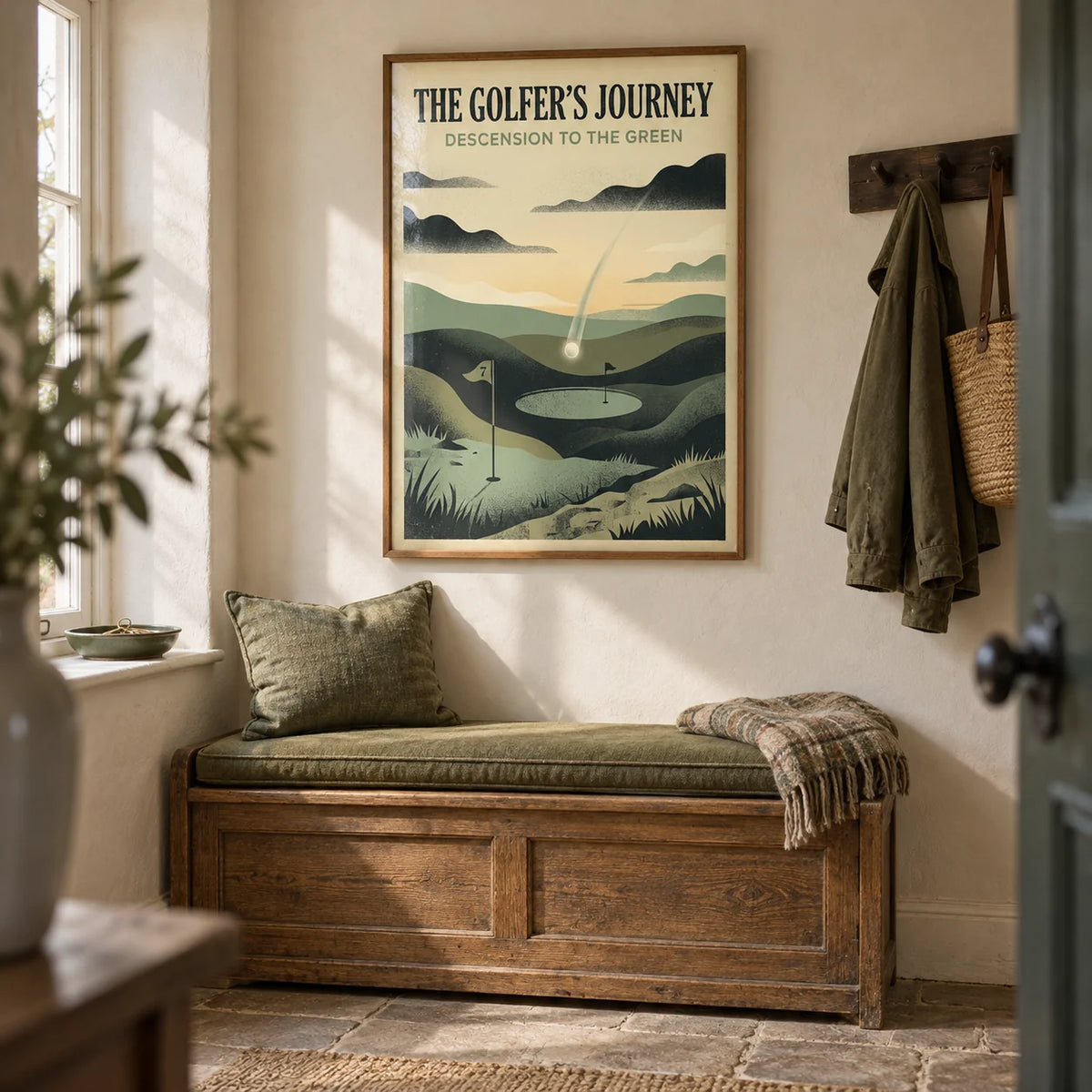 Golf Landscape Art Print, framed on the wall of a welcoming entrance hall in a UK cottage with cream limewashed walls and worn stone flooring
