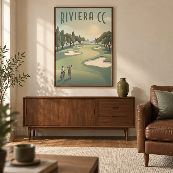 Golf Landscape Poster, framed on the wall of a warm living room in a UK semi-detached home with cream plaster walls and oak floorboards