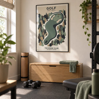 Golf Landscape Print, framed on the wall of a compact home gym in a converted UK spare room with warm white walls and plain charcoal rubber flooring