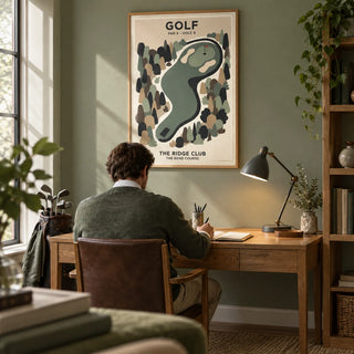 Golf Landscape Print, framed on the wall of a quiet home study for a golf enthusiast with a muted sage wall and oak furniture