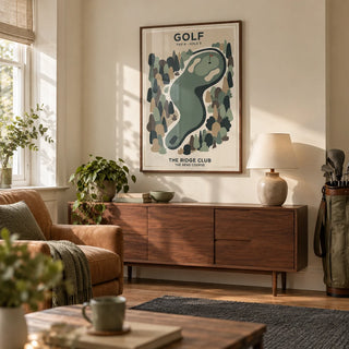 Golf Landscape Print, framed on the wall of a relaxed golf-loving household snug in a UK terraced house with warm cream walls in a living room