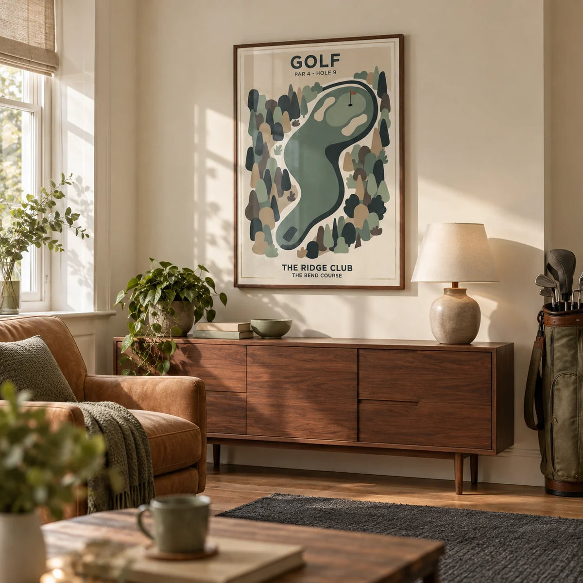 Golf Landscape Print, framed on the wall of a relaxed golf-loving household snug in a UK terraced house with warm cream walls in a living room