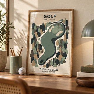 Golf Landscape Print, a small A4 framed print leaning on a walnut desk