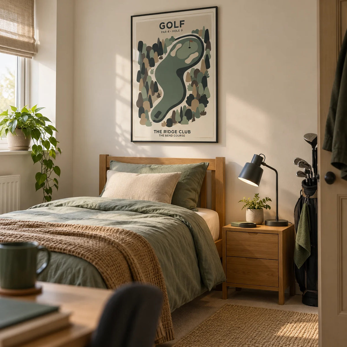 Golf Landscape Print, framed on the wall of a tidy single bedroom for a young adult golf enthusiast (18-25) in a UK family home with warm white walls