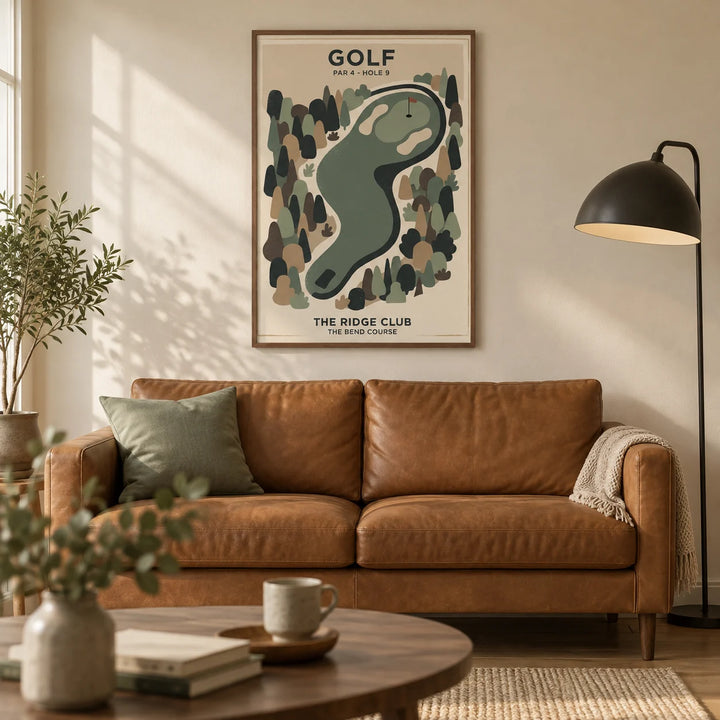 Golf Landscape Print, framed on the wall of a warm modern living room in a UK semi-detached home with cream plaster walls and oak floorboards