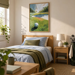 Golf Landscape Wall Art, framed on the wall of a calm single bedroom for a young adult golfer (18-25) in a UK family home with a warm white wall