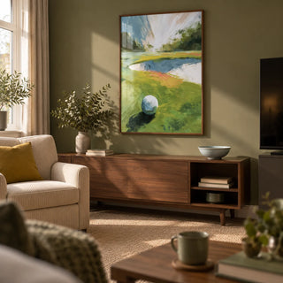 Golf Landscape Wall Art, framed on the wall of a comfortable golf-loving couple's television snug in a UK terraced house with a muted olive wall and natural wool carpet in a living room