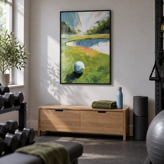 Golf Landscape Wall Art, framed on the wall of a compact home gym in a converted UK spare room with pale grey walls and a plain rubber floor