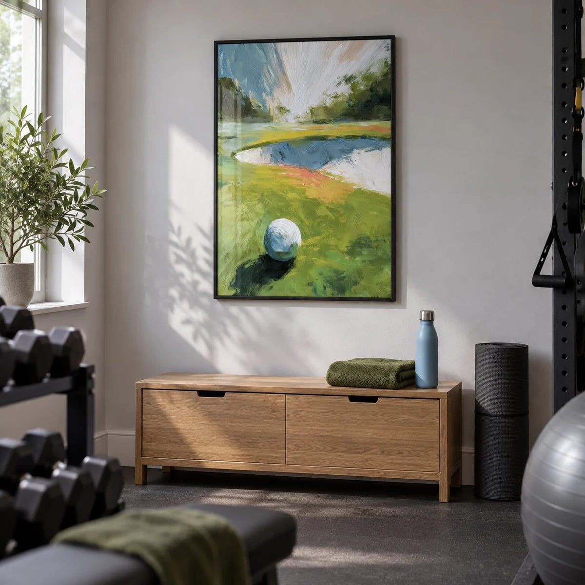 Golf Landscape Wall Art, framed on the wall of a compact home gym in a converted UK spare room with pale grey walls and a plain rubber floor