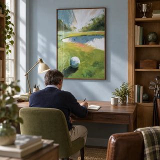 Golf Landscape Wall Art, framed on the wall of a quiet golf enthusiast's home study with pale blue walls and fitted oak shelving