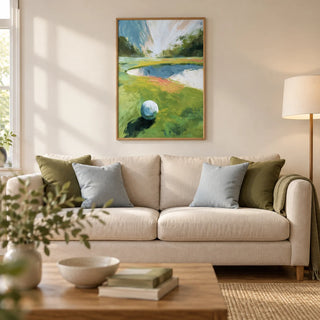 Golf Landscape Wall Art, framed on the wall of a relaxed contemporary living room in a UK semi-detached home with warm white walls and an oak floor