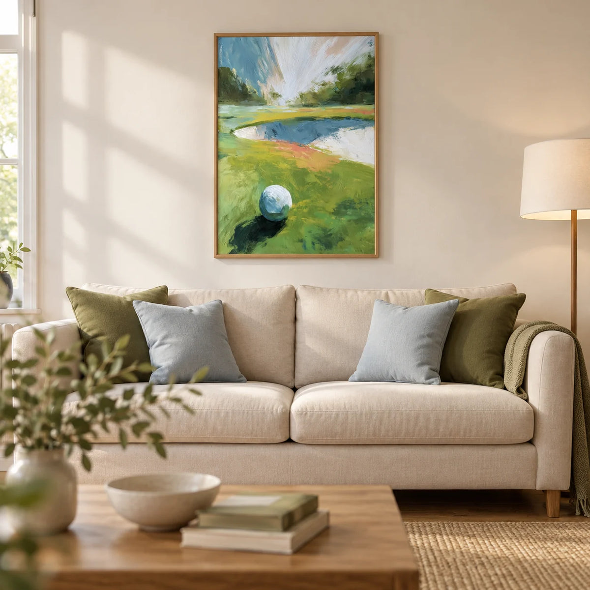 Golf Landscape Wall Art, framed on the wall of a relaxed contemporary living room in a UK semi-detached home with warm white walls and an oak floor