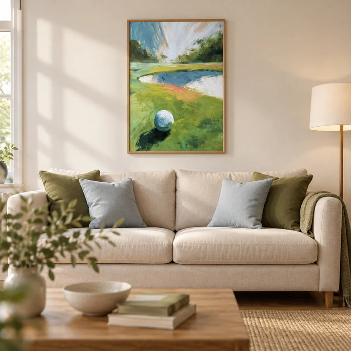 Golf Landscape Wall Art, framed on the wall of a relaxed contemporary living room in a UK semi-detached home with warm white walls and an oak floor
