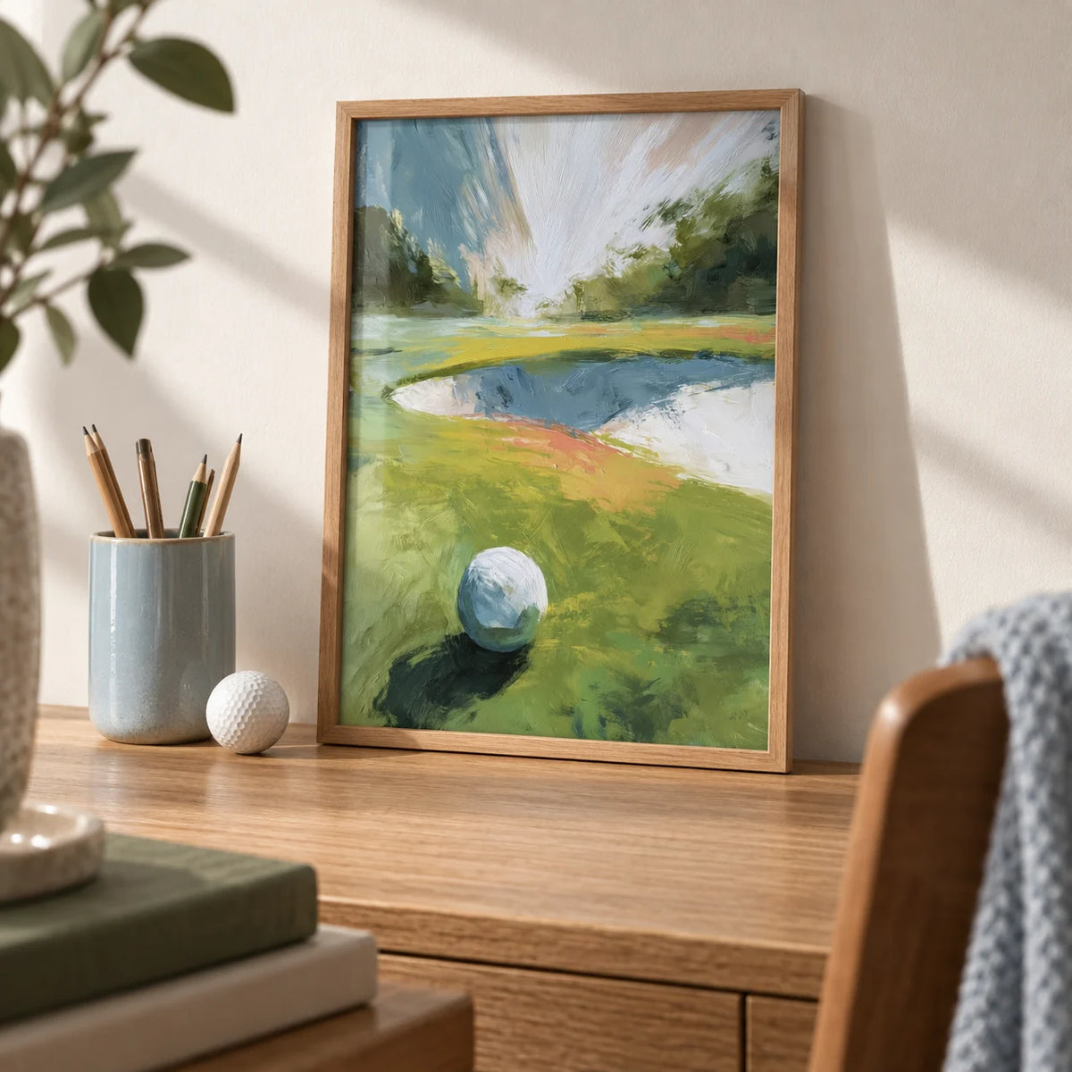 Golf Landscape Wall Art, a small A4 framed print leaning on an oak desk