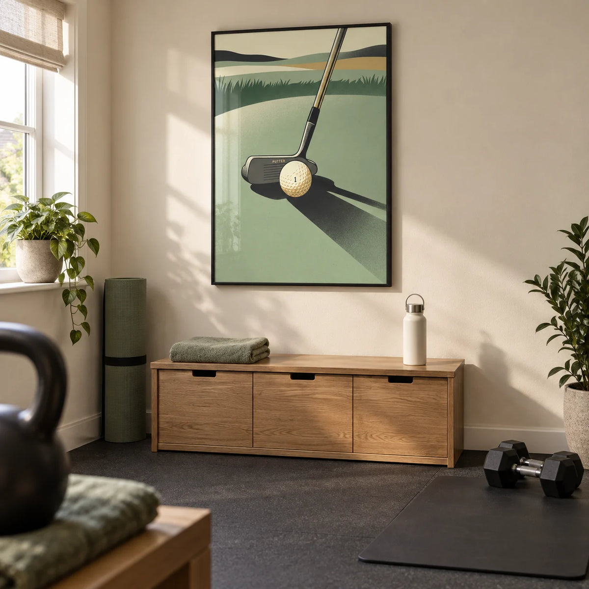 Golf Putter Art Print, framed on the wall of a compact home gym in a converted UK spare room with cream walls and a plain charcoal rubber floor