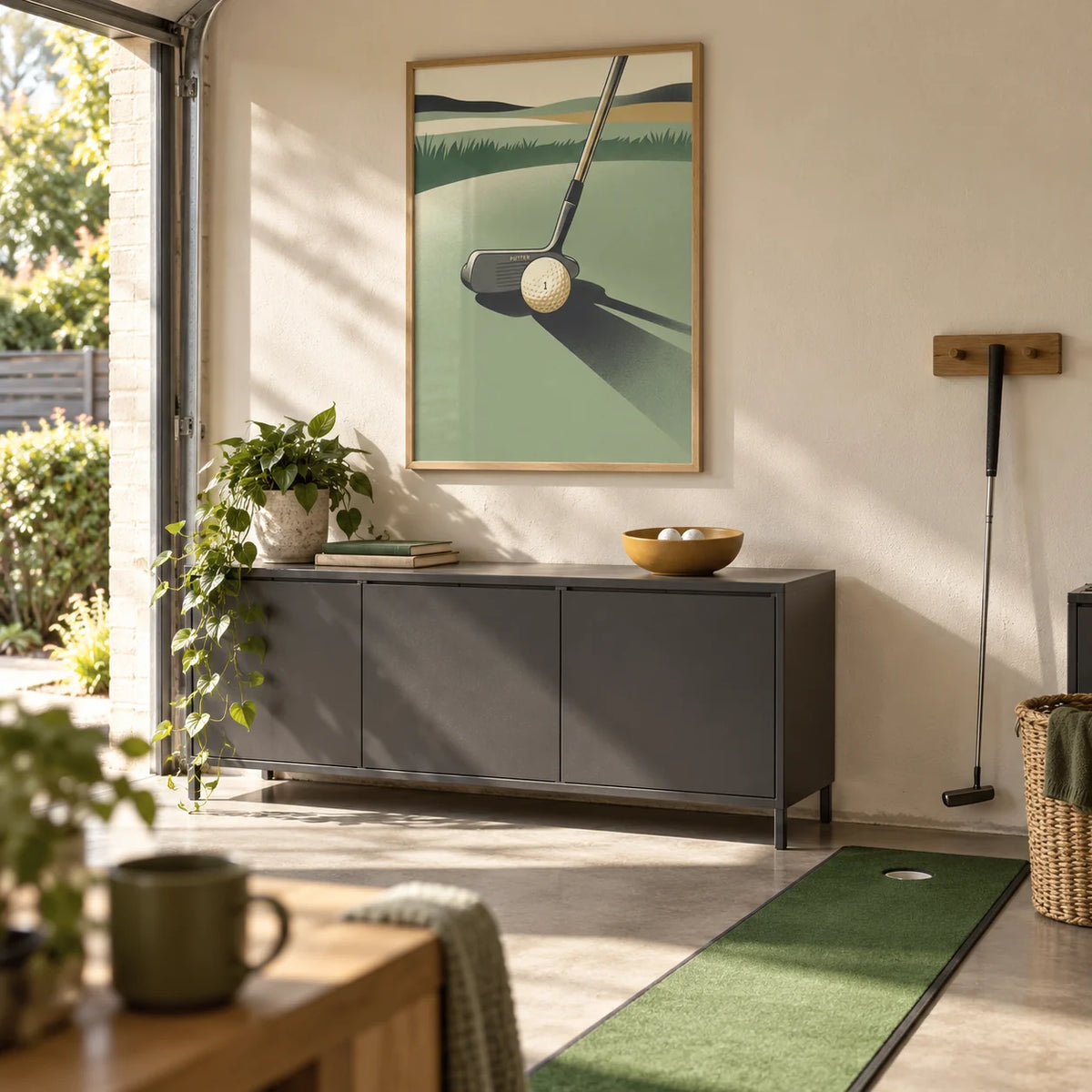 Golf Putter Art Print, framed on the wall of a golf practice corner in a bright converted garage of a UK family home with a cream plaster wall