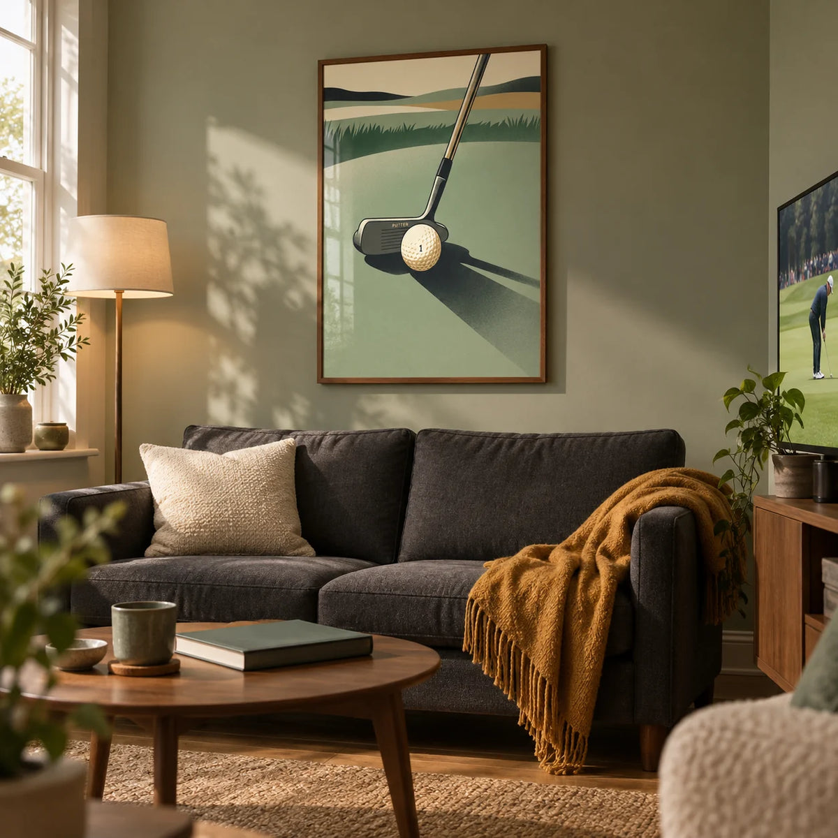 Golf Putter Art Print, framed on the wall of a relaxed golf enthusiast's snug in a UK semi-detached house with muted sage walls and a warm wood floor in a living room