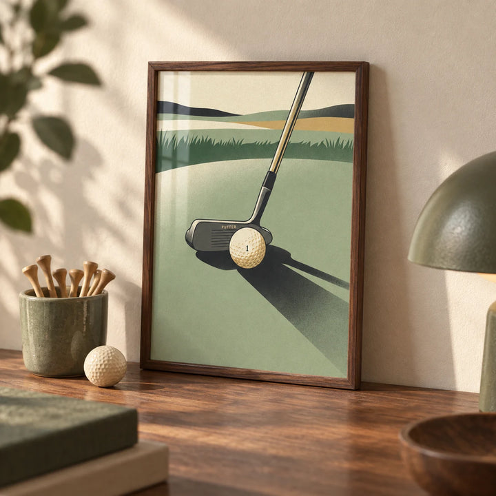 Golf Putter Art Print, a small A4 framed print leaning on a walnut desk