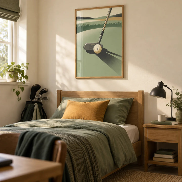 Golf Putter Art Print, framed on the wall of a tidy golf-loving older teenager's bedroom (16-17) in a UK family home with warm cream walls