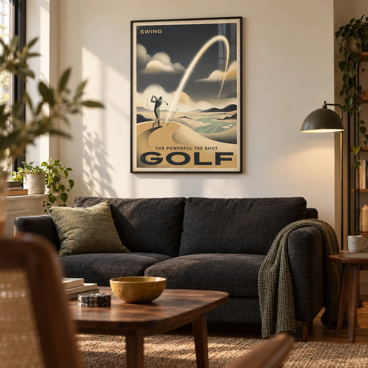 Golf Tee Shot Art Print, framed on the wall of a characterful living room in a golf enthusiast's first flat (22-28)