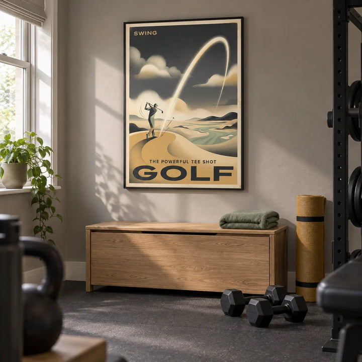 Golf Tee Shot Art Print, framed on the wall of a compact home gym in a converted UK spare room with warm grey walls and plain charcoal rubber flooring