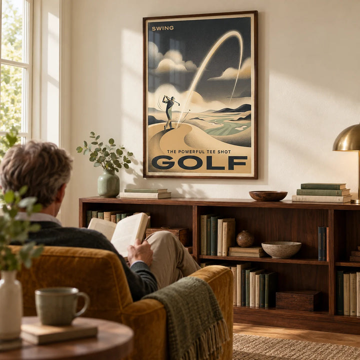 Golf Tee Shot Art Print, framed on the wall of a quiet reading corner in a mature golf enthusiast's UK home in a living room