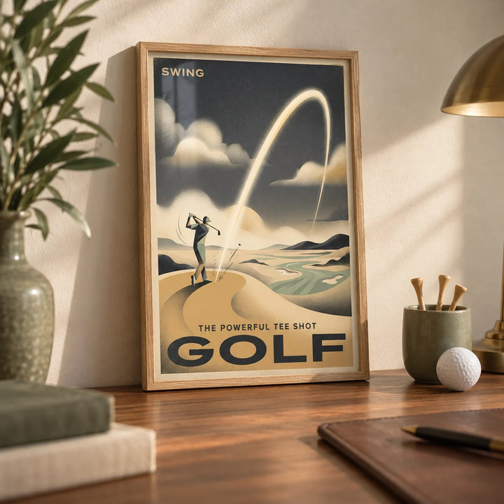 Golf Tee Shot Art Print, a small A4 framed print leaning on a walnut desk