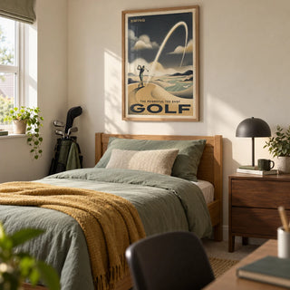 Golf Tee Shot Art Print, framed on the wall of a tidy single bedroom for a golf-loving young adult (18-24) in a UK family home