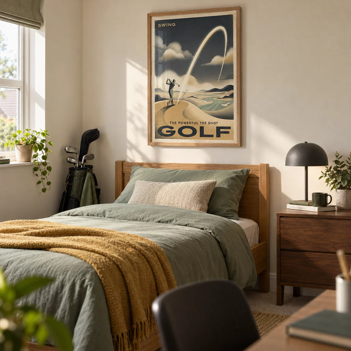 Golf Tee Shot Art Print, framed on the wall of a tidy single bedroom for a golf-loving young adult (18-24) in a UK family home