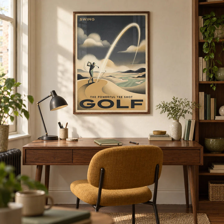 Golf Tee Shot Art Print, framed on the wall of a warm retro study in a UK terraced house with cream plaster walls and walnut shelving