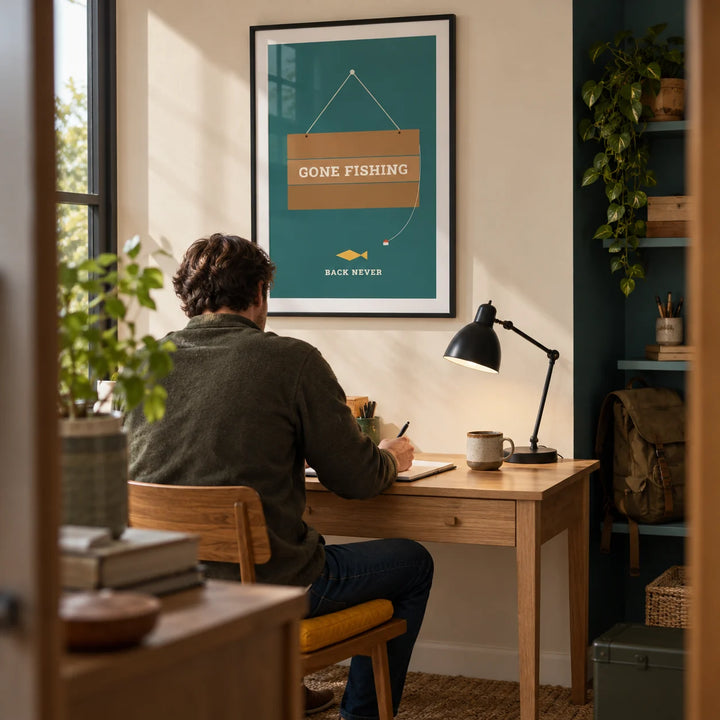 Gone Fishing Poster, framed on the wall of a compact home study for an outdoors enthusiast with a cream wall and a teal painted alcove