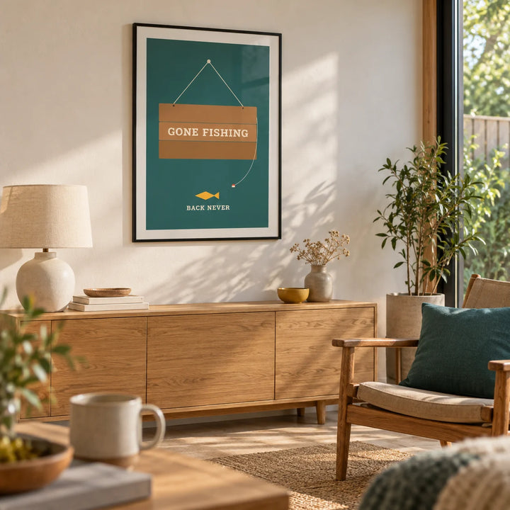Gone Fishing Poster, framed on the wall of a modern garden room used as a quiet weekend retreat with pale timber flooring and a warm white plaster wall in a living room