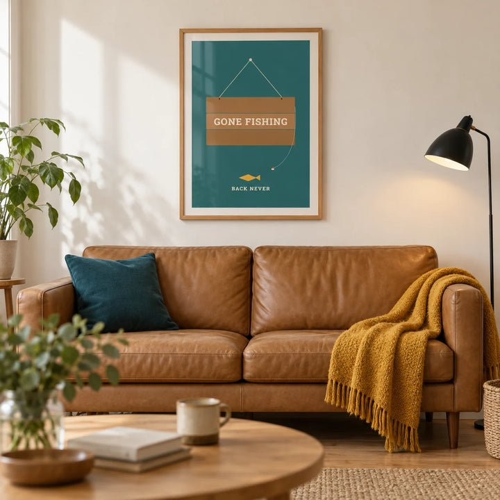 Gone Fishing Poster, framed on the wall of a relaxed modern living room in a UK terraced house with warm white walls and an oak floor