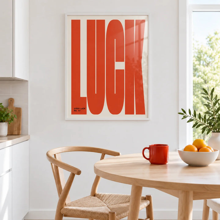 Good Luck Print, framed on the wall of a bright kitchen nook