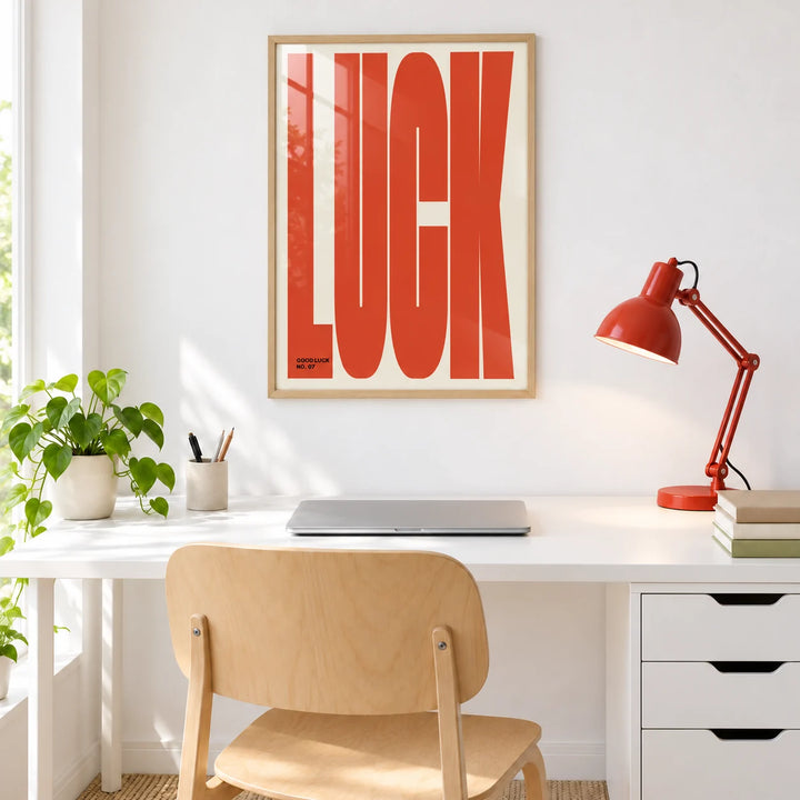 Good Luck Print, framed on the wall of a bright modern office