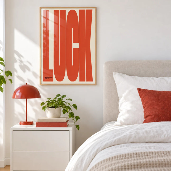 Good Luck Print, framed on the wall of a calm modern bedroom