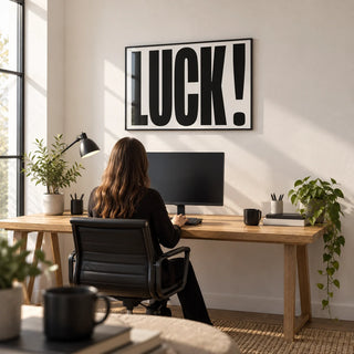 Good Luck Print, framed on the wall of a new-job home office with a white wall