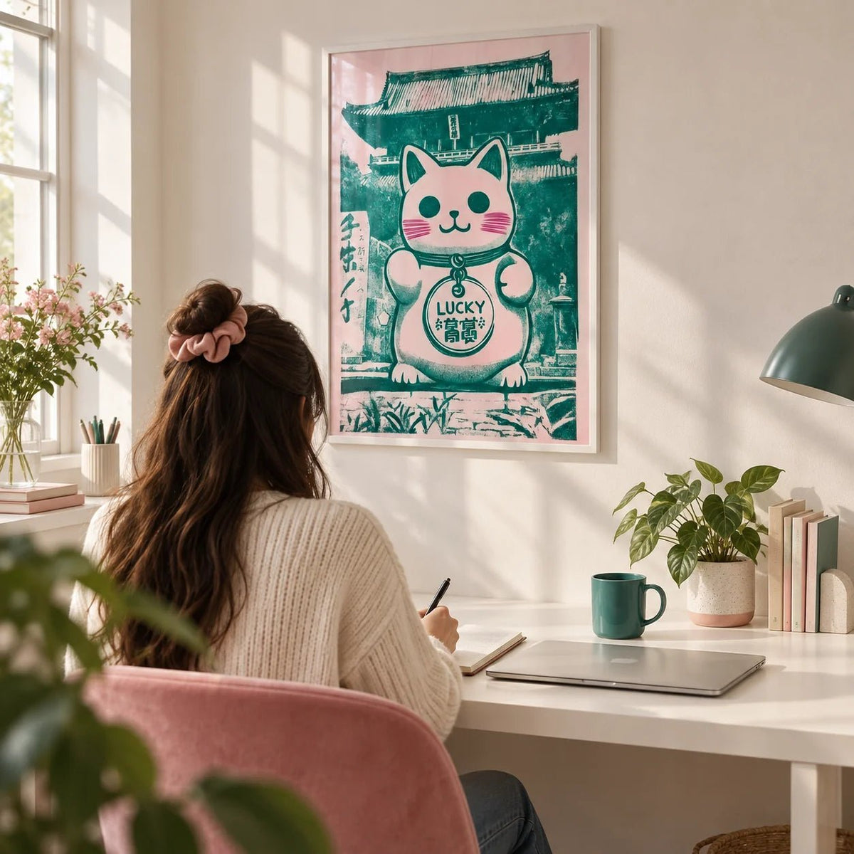 Good Luck Presents, framed on the wall of a bright home office