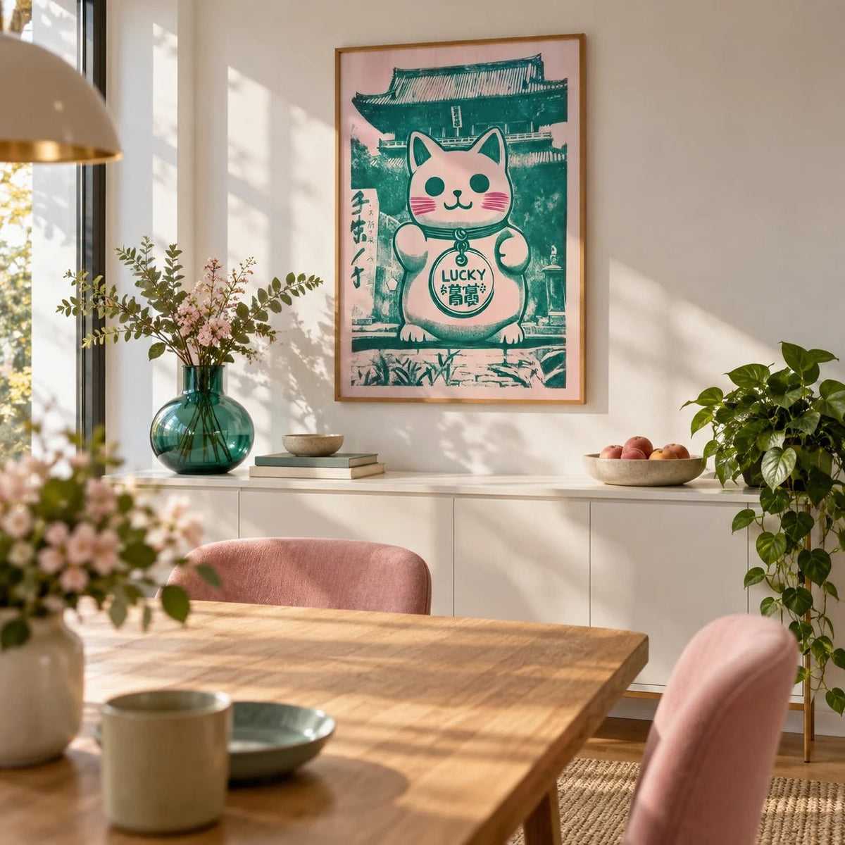 Good Luck Presents, framed on the wall of a cheerful dining room