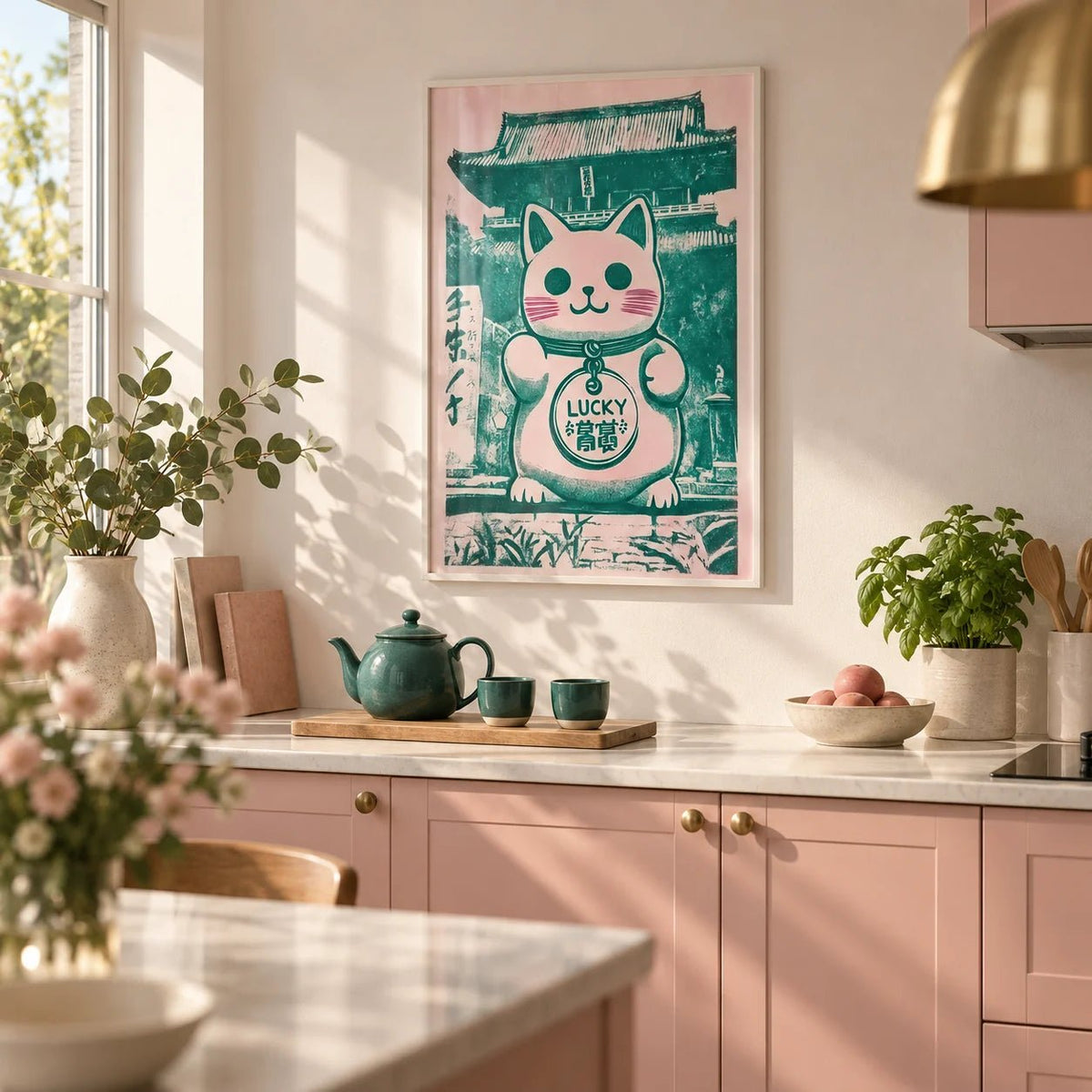 Good Luck Presents, framed on the wall of a modern kitchen with blush pink cabinets and white walls