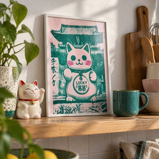 Good Luck Presents, a small A4 framed print leaning on a kitchen shelf
