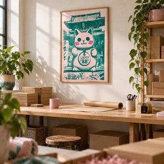 Good Luck Presents, framed on the wall of a small online shop's packing studio in a home office