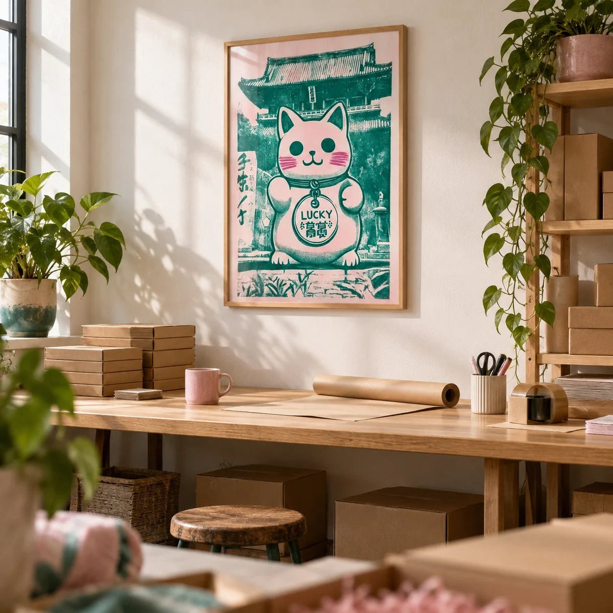 Good Luck Presents, framed on the wall of a small online shop's packing studio in a home office