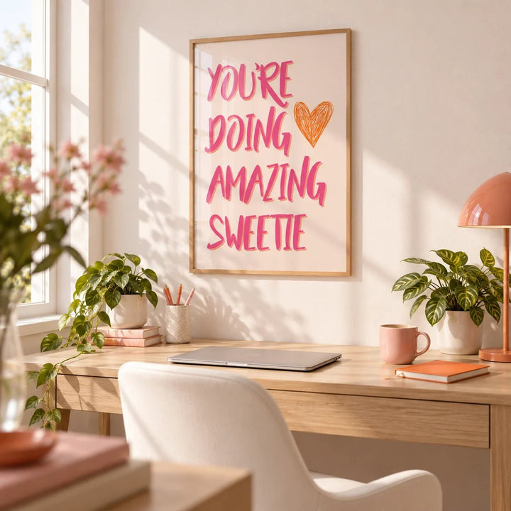 Good Motivational Posters, framed on the wall of a cheerful home office
