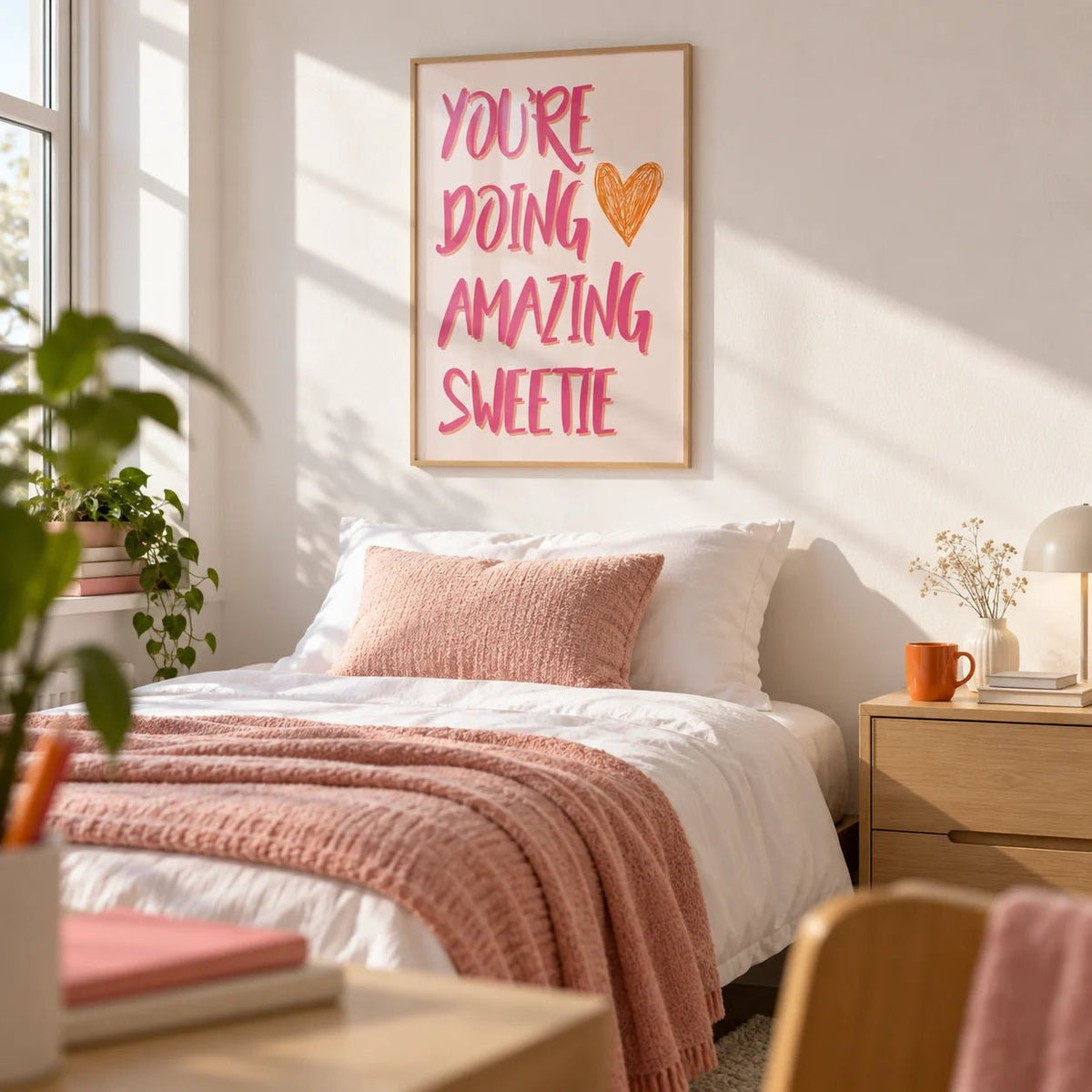 Good Motivational Posters, framed on the wall of a neat university room for a 19 year old in a bedroom